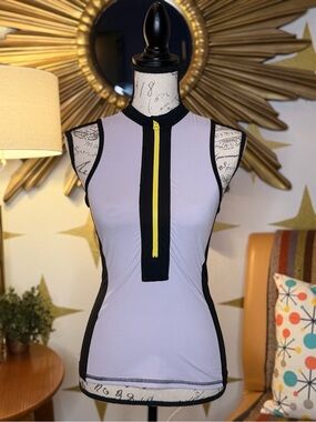 Alala White Athletic Zip Tank with Black Trim and Yellow Zipper